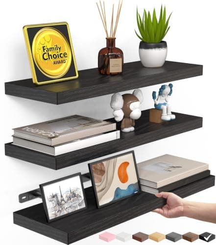 BAYKA Rustic Brown Bathroom Floating Shelves, 15.7in, 3Pk, Wall Mount Shelf | Easy Install, 22lbs Max Load, Hidden Bracket, for Above Toilet Bedroom Kitchen Display Storage Decor, Multi-Wall Compatible