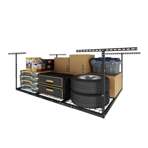 FLEXIMOUNTS 4x8 Overhead Garage Ceiling Storage Rack Organization, Black | 750lbs Weight Capacity, 22"-40" Adjustable Organization System, Heavy-Duty Metal Ceiling Racks, Classic Series