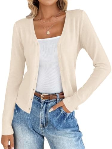 KIRUNDO Lightweight Cardigans for Women V Neck Fall Sweaters,Beige,M | Button Up Sweaters, Open Front Casual Cardigans, Soft Long Sleeve Knit Tops, Cute Knitwear Coats, Work Office Clothes