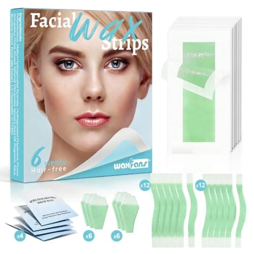 Waxfans 52 قطعة من شرائط الشمع للوجه، شرائط شمع الحواجب لإزالة الشعر، مجموعة شمع لإزالة الشعر من شفاه النساء، الذقن، منطقة البيكيني، الإبطين، الساقين، الحواجب | 56 شريحة شمع للوجه مع 4 مناديل مبللة بالزيت للاستخدام بعد إزالة الشعر (أزرق)