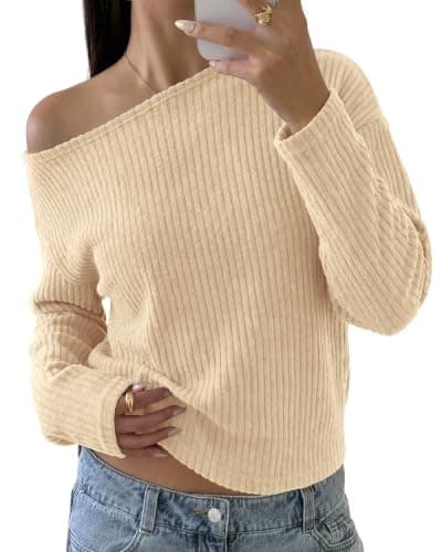 KIRUNDO Off The Shoulder Sweater for Women Asymmetrical Tops,Beige,L | Long Sleeve Ribbed Knit Pullover Sweaters, Cute Fitted Y2K Jumper Top, Casual Tee Shirts, 2026 Fall Fashion Going Out Outfits
