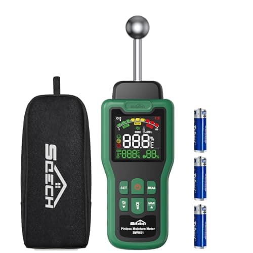 Moisture Meter, SQECH Pinless Moisture Meter with Thermometer, Flashlight, Alarm, Multifunctional Wood Moisture Meter with Color LCD, for Walls, Wood, Masonry, Caravans, Apartments