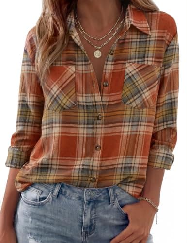 Zeagoo Womens Flannel Shirts Long Sleeve Button Down Casual Fall Plaid Top | flannel plaid shirt, lightweight loose fit blouse, business casual outfits, 2026 fashion fall western shackets jacket