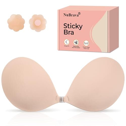 NuBrava Sticky Bra Push Up, No Show Adhesive Strapless Bra, Backless Dress | Lightweight matte cups, secure stick-on hold, front clasp lift, reusable backless bra for low-cut outfits and wedding dresses