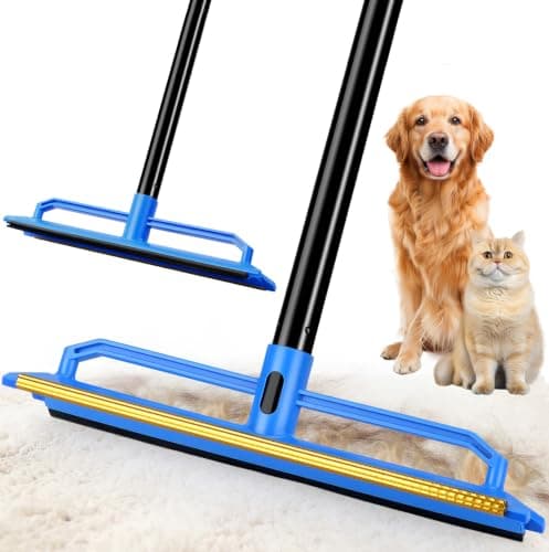 BUVE 2 in 1 Carpet Rake for Pet Hair Removal Tool | Carpet Scraper Fur Sweep Dog Cat Hair Remover|60" Adjustable Handle for Rugs Mats Couch Sofa Stairs Furniture Cleaning|Blue
