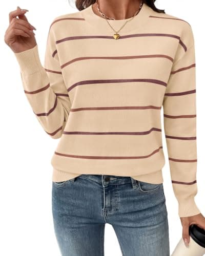 PRETTYGARDEN Womens Sweaters 2026 Cute Striped Pullover Tops,Beige,L | Casual Long Sleeve Crewneck Holiday Sweater,Ribbed Knit Soft Warm Fall Clothes,Dressy Cozy Winter Clothing Vacation Outfits