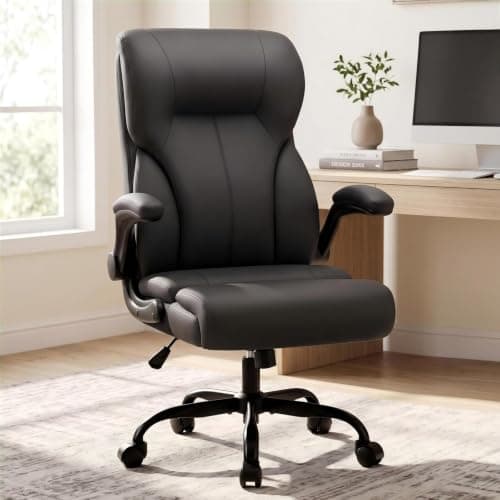 Office Chair Ergonomic Desk Chair-Executive Chair with Flip-up Armrests | Heavy Duty Leather Comfy Computer Chair for Home Office, High Back Swivel Task Chair with Tilt Rocking Function, Black