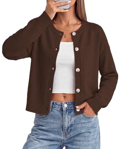 MASCOMODA Womens Fall Button Down Cropped Cardigan Sweaters(Brown,L)