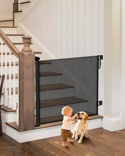 BBsecure Retractable Baby Gates, 34" Tall Fits Up to 55" Wide, Black | No Bottom Bar Mesh Baby & Pet Gate with Anti-Crawling Hook, One-Hand Operation, Safety Lock for Stair, Doorway,Indoor/Outdoor