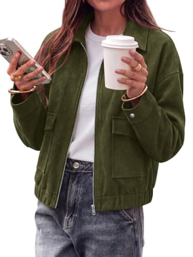 KIRUNDO Womens Faux Suede Bomber Jacket Zip Up Cropped Fall Coats,AG,L | Lightweight Lapel Collar Short Jackets, Long Sleeve Casual Leather Jacket, Elastic Hem, Patch Pockets, Streetwear Outerwear