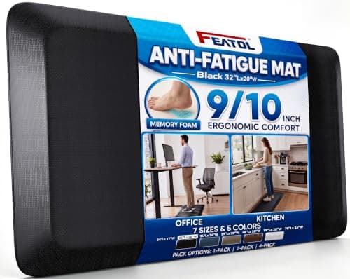 FEATOL Anti Fatigue Mat for Standing Desk & Kitchen Floor, 9/10 Extra Thick | Ergonomic Memory Foam Standing Mat,Cushioned Comfort Floor Mat for Office,Kitchen, Home, All-Day Work (20" x 32", Black, 1PC)