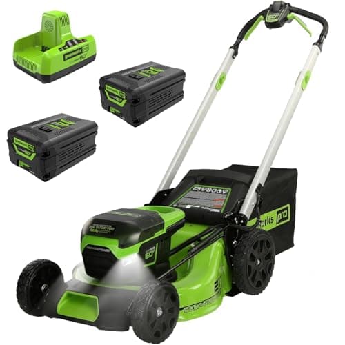Greenworks 60V 21in Self-Propelled Lawn Mower, (2) 4.0 Ah Battery Kit | Brushless motor with 4-in-1 system; self-propelled drive handles up to 3/4 acre with quiet operation for large yards.