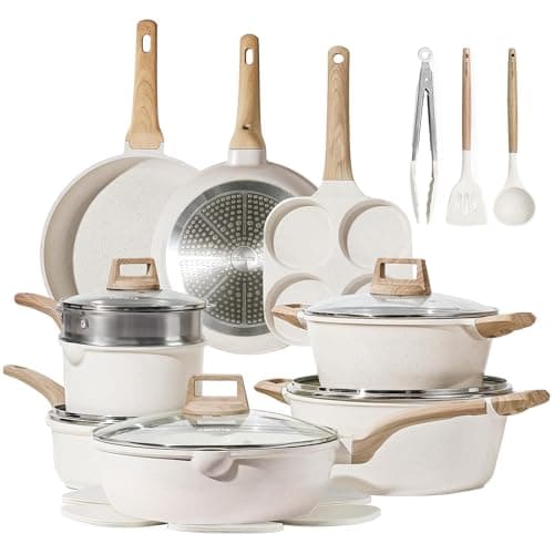 CAROTE 26pcs Pots and Pans Set, Nonstick Cookware Sets, with Grill Pan | With 6.5-Qt Stockpot, Lightweight & Durable, Steamer Included, Fast & Even Heating, Induction Compatible