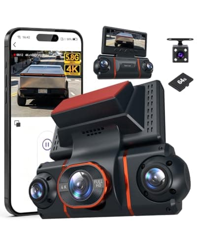 4K+1080P*3 FHD Dash Cam Front and Rear, 360° Car Camera, 5.8GHz WiFi 20MB/s | 4 Channel Dash Cam, 8 LED IR Night Vision, Loop Recording, 24H Parking Monitor, App Control, Includes 64GB SD Card, Black