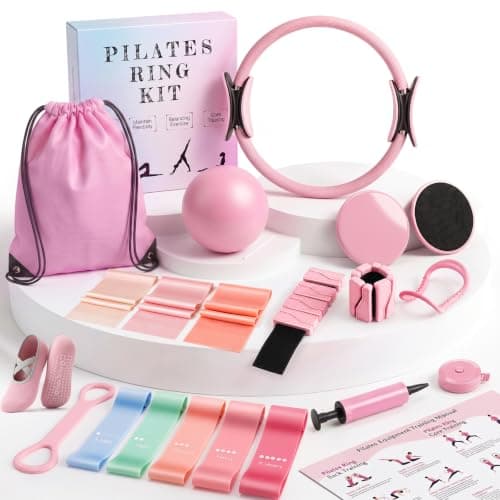 POVAVCX 24 PCS At Home Pilates Kit for Women, Pilates Equipment with 14.5" Pilates Ring and Ball, Ankle Weights, Bands, Slider, Stretch Ring, Grip Socks, Pilates Set Essentials for Starter Workouts