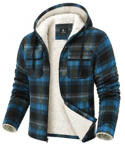 GEEK LIGHTING Men's Flannel Shirts Jacket Sherpa Lined Plaid Zipper Hoodie | Winter Warm, Fleece, 4 Pockets, Classic, Adjustable Drawstring, Windproof, Thick Sweatshirt, Outwear, Office, Travel