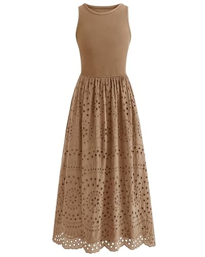 dowerme Women Sleeveless Lace Eyelet Cotton Tank Maxi Dress,Khaki,M | Summer Casual Crewneck A-Line Dresses 2026,Fall Knit And Woven Boho Sundress with Pockets,Cute Wedding Beach Vacation Clothes