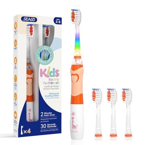 SEAGO Kids Electric Toothbrush, Timer, LED Light, AAA-Powered, 4 Heads | Extra-soft bristles and rainbow LED with 4 brush heads; IPX7 waterproof and up to 150-day use per AAA battery (not included).