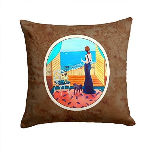 Caroline's Treasures 7133PW1414 Lady with her Pug Fabric Decorative Pillow Machine Washable, Indoor Outdoor Decorative Pillow for Couch, Bed or Patio, 14Hx14W