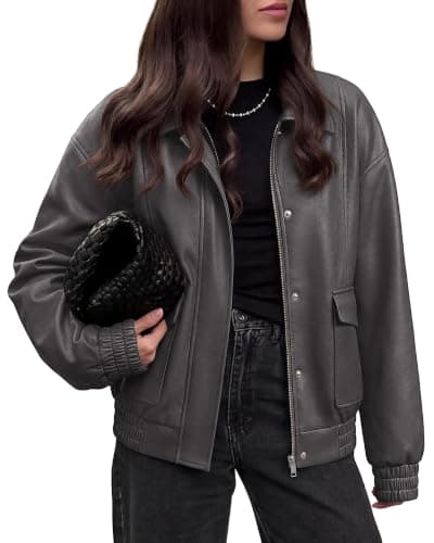 BTFBM Faux Leather Jacket Women Fall Clothes 2026 Zip Up Motorcycle Outwear | Long Sleeve, Casual Bomber Jackets, Snaps, Pockets, Oversized, Work, Office, Airport, Going Out Outfits, Trendy Winter Coat