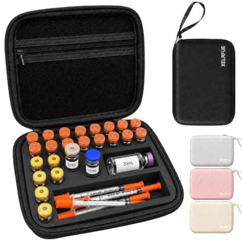 24-Slot Peptide Case for Fridge, 1/3/5/10 mL Vial Holder and a 30 mL Pocket | Black, Vial Storage Organizer, Water-Resistant Pebbled PU, Semi-Hard EVA Shell, Mesh Pocket, Travel-Friendly, Case Only