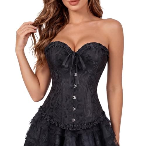 Women's Victorian Overbust Corset Top, Brocade Lace-Up Renaissance Bustier | Victorian corset top with front hooks and adjustable back lacing,available in XXS-7XL for costume styling and themed outfit
