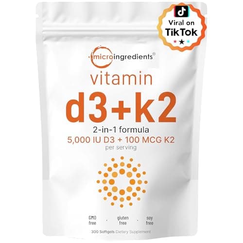 Micro Ingredients Vitamin D3 + K2 MK-7 5,000 IU Per Serving, 300 Softgels | K2 100 mcg Per Serving, D3 & K2 Vitamin Supplement for Women & Men. Easy-to-Swallow, Non-GMO, Gluten Free.