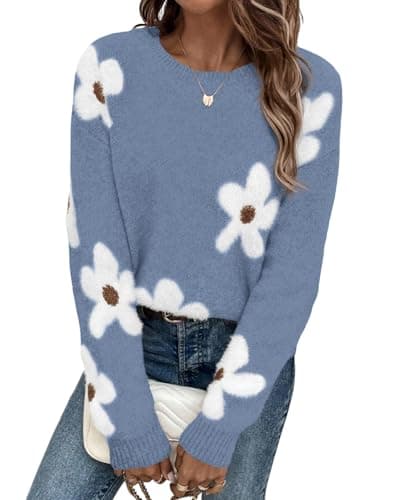 dowerme Womens Fall Cute Floral Chunky Knit Sweaters,Grey Blue,Medium | Winter Long Sleeve Ribbed Crewneck Pullover Tops, Casual Loose Fit Stretchy Graphic Sweater, Spring Travel Holiday Outfits