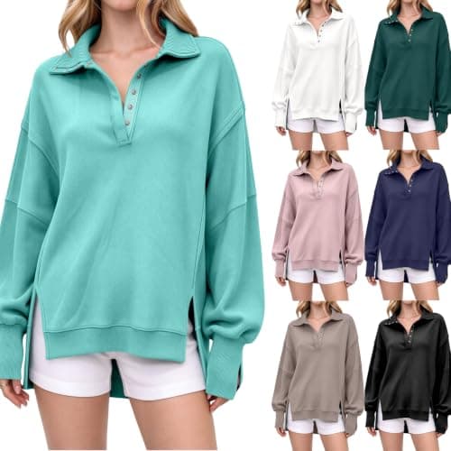AAAJIANCAI Women's Oversized Sweatshirt Button Henley Neck Side Slits Fall Winter Long Sleeve Pullover Tops 2026 Outfits Blue