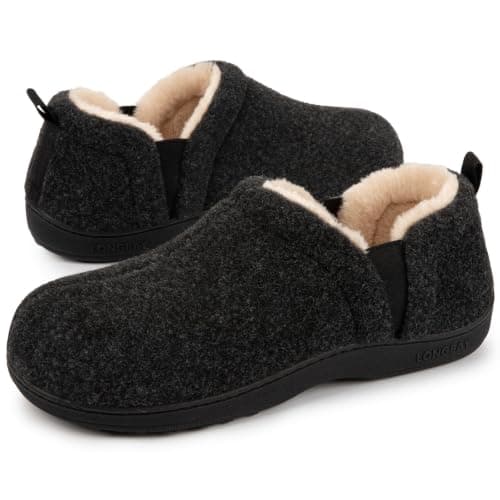 LongBay Men's Slippers Warm Bedroom Indoor House Shoe Winter (Black, 11-12) | Outdoor, Wool-Like Upper, Adjustable Elastic Gores, Fuzzy Plush Fleece Lining, Slip-On, Non-Slip Rubber Sole, Cozy Gifts