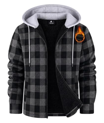 ZITY Flannel Jacket for Men Sherpa Fleece Lined Full-Zip Plaid Hoodie | Winter Warm Thick Coat,Zip Up,Plaid,Pockets,adjustable drawstring hood,Sweatshirts for men,Casual,Outwear