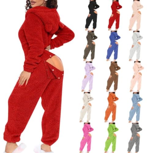 Zaelviss Sexy Adult Onesie Pajamas for Women Sherpa Fleece Zip Up Fall Winter Casual Warm Jumpsuit Red
