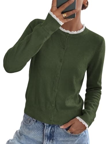 KIRUNDO Cute Lace Cardigan Sweaters for Women Fall Tops(Army Green, L) | Feminine Crew Neck Button Up Sweater, Lightweight Soft Knitwear, Dressy Casual Work Office Outfits, Winter Fashion Clothing