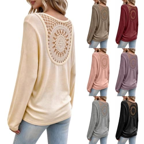 Womens Lace Crochet Open Back Tops Fall Boho Long Sleeve Shirts Sexy Backless Vacation Tunic Going Out Blouse Beige