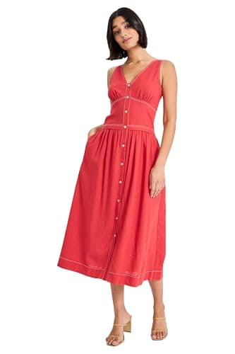 Donna Morgan - Women's Chic Coral V-Neck Midi Dress with Pockets - Button Front Sleeveless Summer Dress for Wedding Guest & Brunch - 6