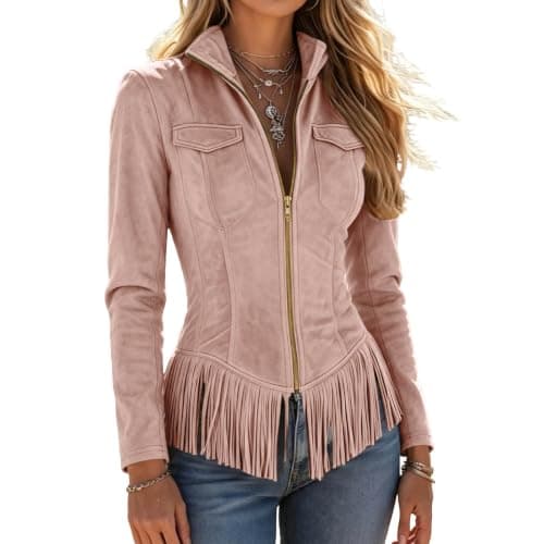 Vintage Faux Suede Jacket Women Slim Fit Zip Up Fringe Jackets with Pockets | Vintage,Lapel Collar,Country Concert Jacket with Pockets,Motorcycle Coats,Fall Winter Outerwear