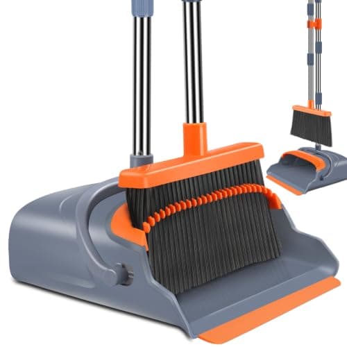 kelamayi Broom and Dustpan Set for Home, Office, Indoor&Outdoor Sweeping, Stand Up Broom and Dustpan (Black&Gray)