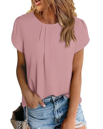 PRETTYGARDEN Women Summer Petal Sleeve Pleated T-Shirts,Pink,M