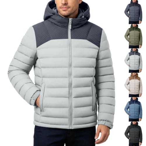 Men's Puffer Jacket Windproof Insulated Winter Parka Hooded Thick Coat | Puffer Jacket Men, Color Block, Gold Thermal Reflective Lining, Snap‑Adjustable Cuffs, Zipper Side Pockets, Winter Warm Coat