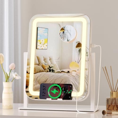 مرآة التجميل VETIVAGE LED المزودة بأضواء ومنفذ شحن USB وحامل للهاتف، مرآة مكياج توضع على الطاولة مزودة بـ 120 مصباح LED وإضاءة بثلاثة ألوان وإمكانية تعديل السطوع بشكل متدرج، قابلة للدوران 360 درجة، هدية مثالية لغرفة النوم أو السكن الجامعي للفتيات
