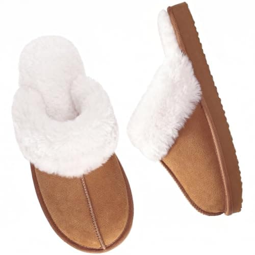 OOW Fuzzy Slippers for Women Cozy Faux Fur House Shoes Memory Foam Slippers | Winter, Warm Slippers, Cushioned Insole, Non-slip Outsole, Indoor and Outdoor, Great Gift for Women, Chestnut Size 8