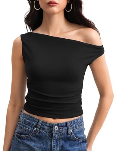C202 Off The Shoulder Tops for Women Sleeveless Going Out Asymmetrical Ruched Crop Tank Tops Y2K Summer, Black, Medium
