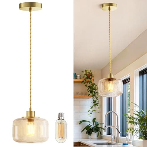 Amber Glass Pendant Light, Vintage Hanging Light for Kitchen Island