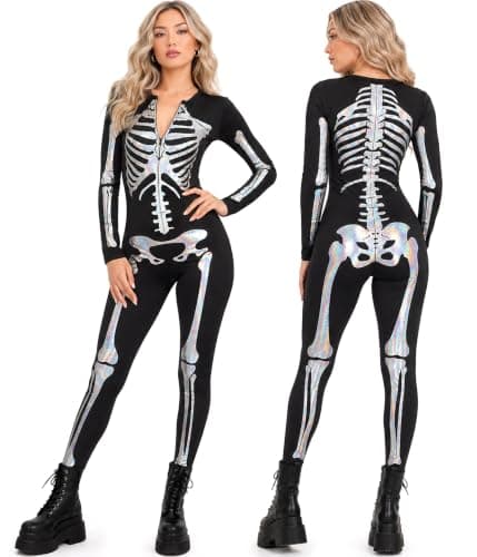 Tipsy Elves Sexy Halloween Skeleton Bodysuit for Women - One Piece Costume | Baddie and Bold, Front and Back Print, Ultra Comfortable Feel, Premium Construction, Back Zipper