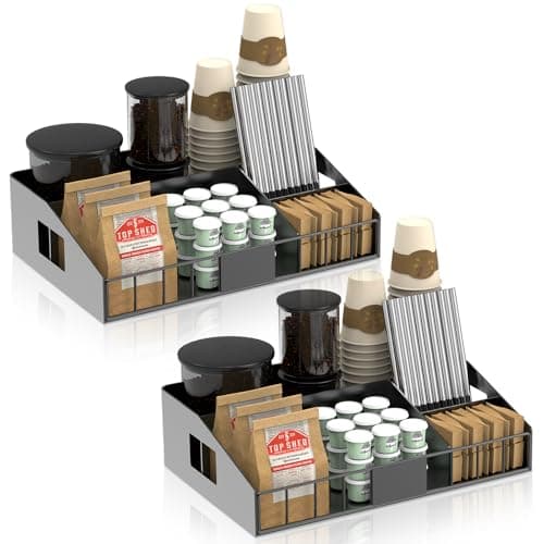 LWSFF Metal Coffee Station Organizer for Countertop, 2-Pcs Coffee Bar Organizer with Designable DIY Logo, K Cup Pods Holder & Tea Condiment Storage - Rustic Breakroom Kitchen Decor Balck