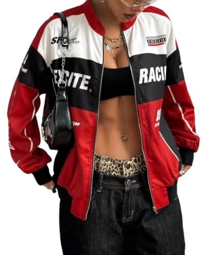 Race Car Driver Jacket Women Y2k Color Block Zip up Streetwear Bomber Coat (US, Alpha, Medium, Regular, Regular, Red)
