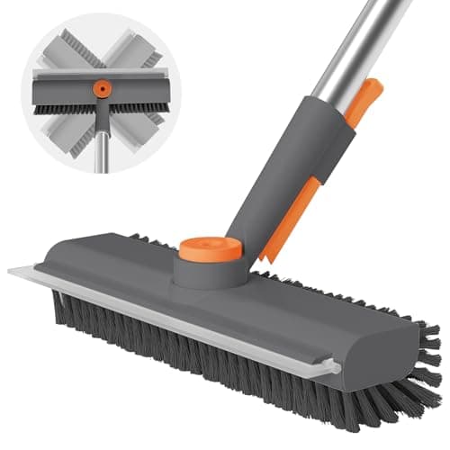 AIR U+ Floor Scrub Brush with Long Handle, 3-in-1 Rotating Head & Squeegee | Stiff Dual-Sided Bristles for Shower, Bathroom, Kitchen and Patio, 30–50 In Handle for Easier Stand-up Cleaning, Gray