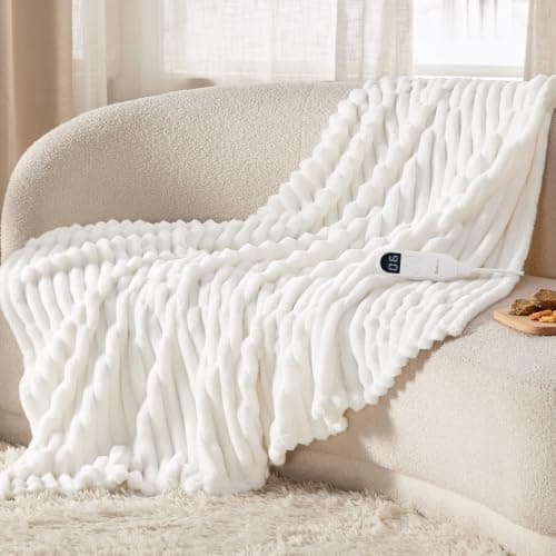 Bedsure Heated Blanket Electric Throw - Thick Striped Fast Heating Electric Blanket with Preheat Function, 6 Heat & 6 Timer (Up to 10H), 8H Auto Off, ETL Certified, Gifts for Women (50"x60", White)