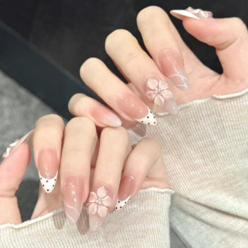 Yacey Handmade Press On Nails Pink Floral Polka Dot Medium Almond 10PCS,M