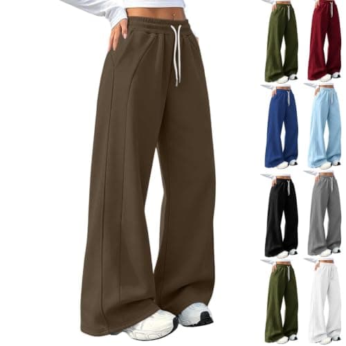 Hrwauag Women Wide Leg Sweatpants Elastic High Waist Drawstring Loose Fit Casual Trousers Pants with Side Pockets Coffee